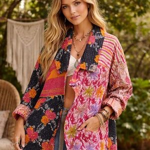 Vintage Kantha Patchwork Jacket Robe Boho Cotton Handmade Free Size 40”